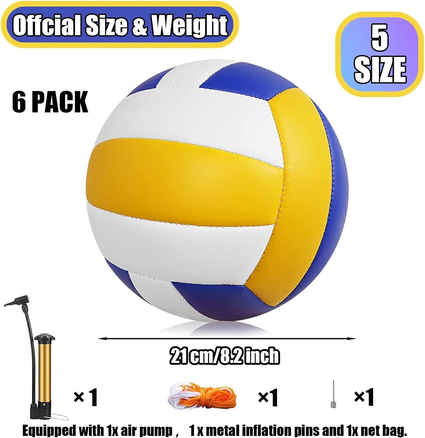 Volleyball, 6 Pack Official Size 5 Volleyballs- PU Leather Indoor Outdoor Soft Touch Recreational Volleyballs for Beach Play, Game,Gym,Training -Includes Ball Pump